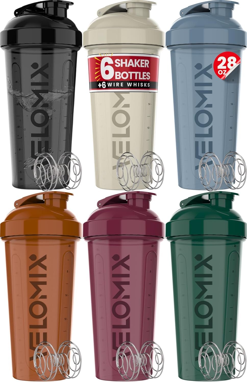 VELOMIX -6 PACK- 28 oz Protein Shaker Bottle for Protein Mixes – 6x Wire Whisk | Leak Proof Shaker Cups for Protein Shakes | Protein Shaker Bottle Pack | Protein Shake Cup (Earth Tones Collection)