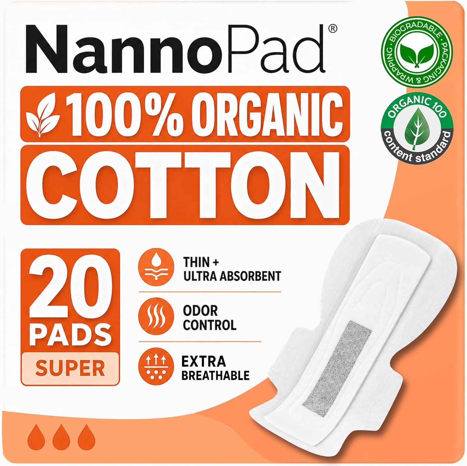 Organic Pads for Women – 100% Organic Cotton Overnight Pads with Wings – High Absorbency (180mL), Comfortable & Ultra-Thin – No Fragrances, Odor-Control, Breathable – Super (1 Pack, 20 Count)