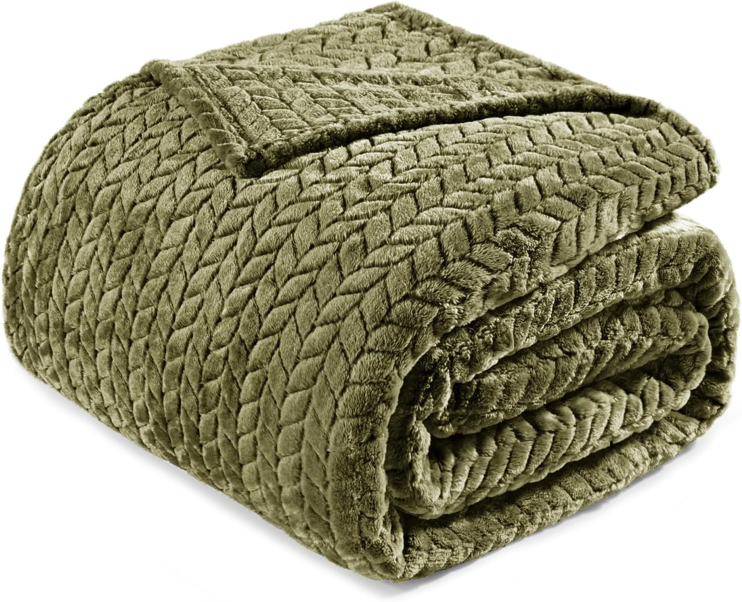 Exclusivo Mezcla Fleece King Size Blanket for Bed, 90×104 Inches Soft Cozy Jacquard Flannel Blankets, Lightweight Fuzzy Plush for Women, Olive Green