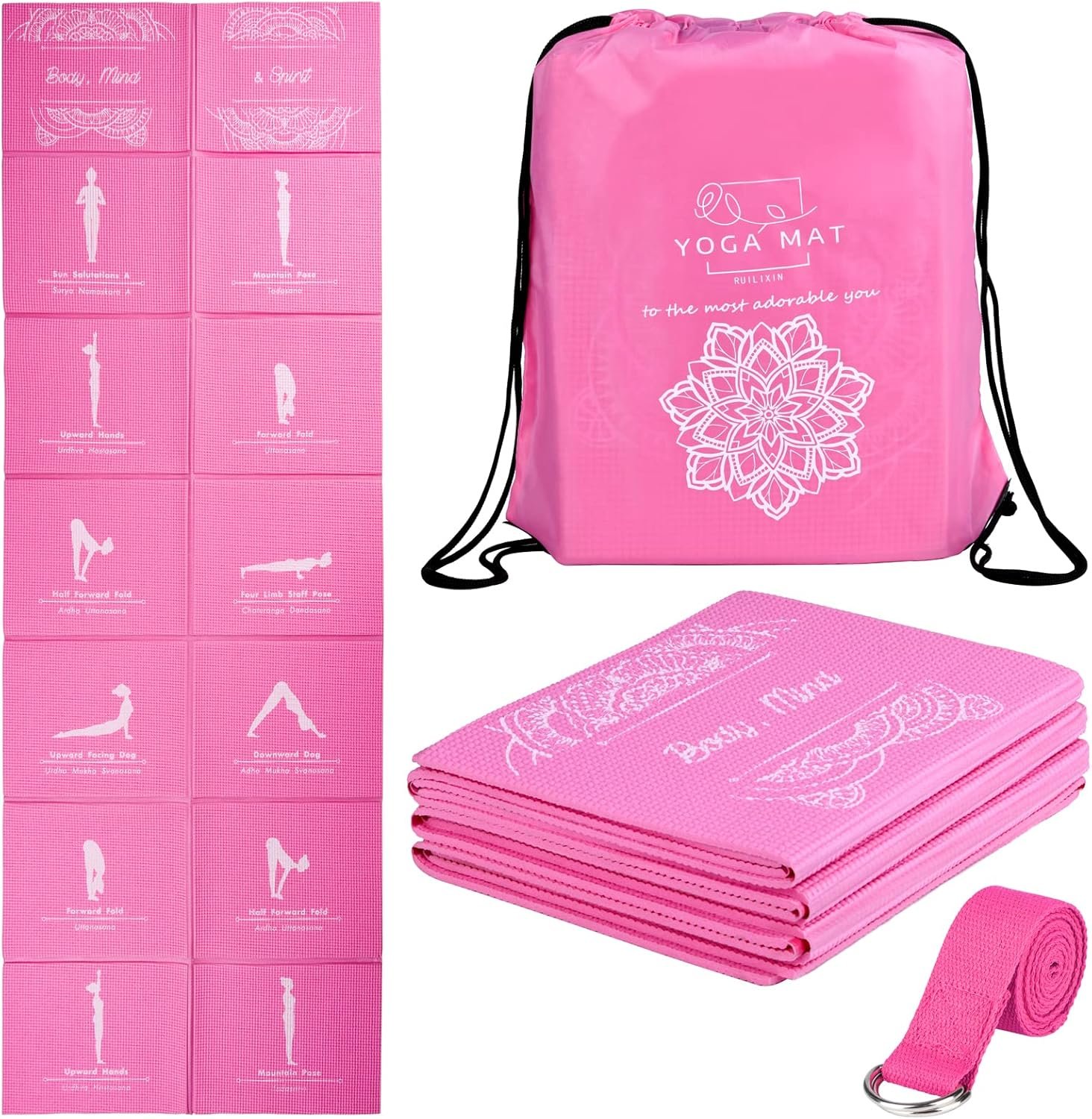 Foldable Yoga Mat for Women, Non Slip Exercise Mat for Home Gym, 5mm Travel Yoga Mats Set With Stretch Strap for Yoga Pilates and Fitness, 68″L x 24″W x 0.2 Inch Thick