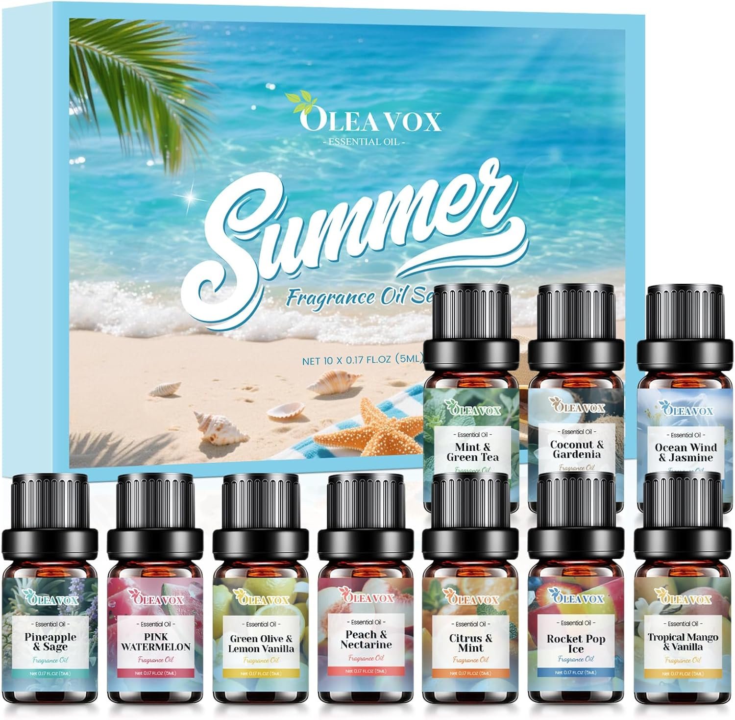 Summer Essential Oils Set, Tropical Fragrance Oils for Diffusers for Home, Scented Oil for Candle & Soap Making, Coconut & Gardenia,Ocean Wind & Jasmine More 10x5ml Aromatherapy Oils Gift for Women