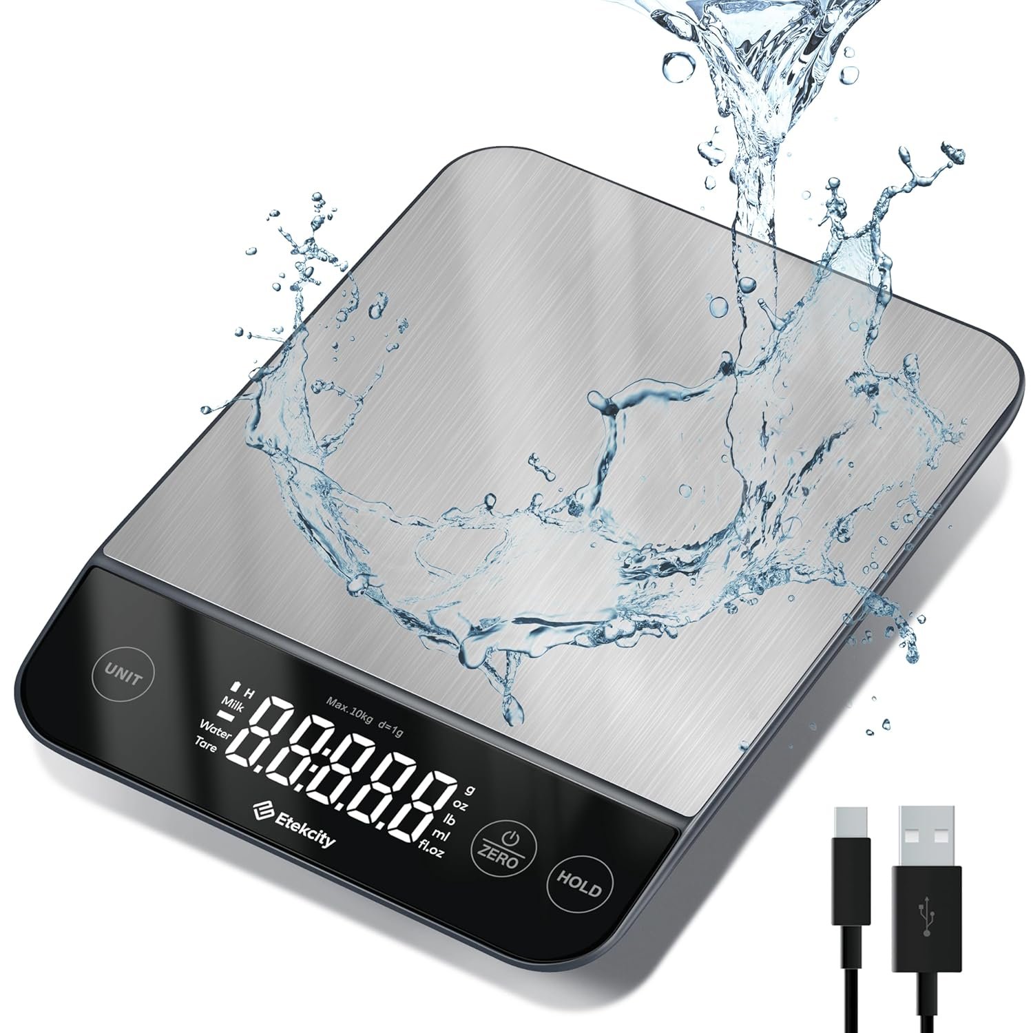 Etekcity Digital Food Kitchen Scale, Grams and Oz for Weight Loss, Baking and Cooking, 0.05oz/1g Precise Graduation,5 Weight Units, IPX6 Waterproof, USB Rechargeable,304 Stainless Steel-Silver, 22lb