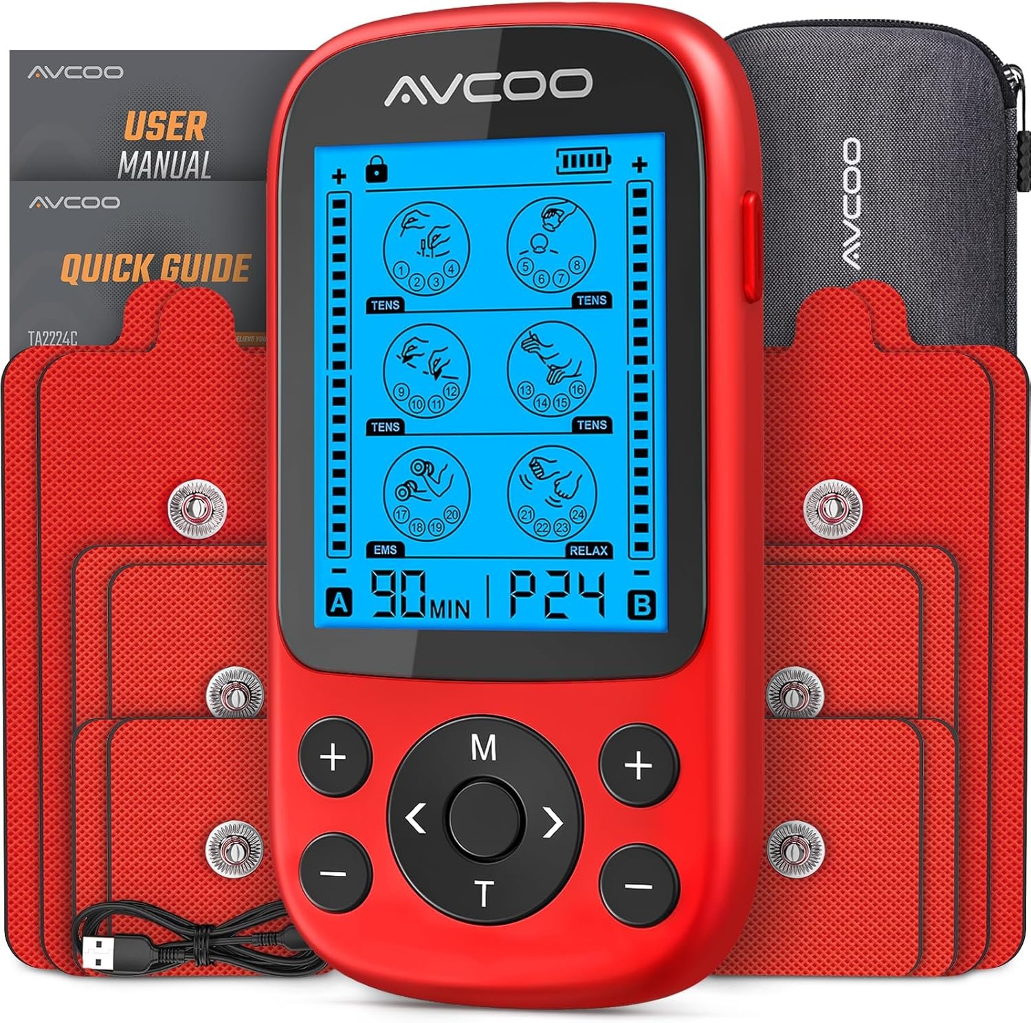 AVCOO Dual Channel TENS Unit Muscle Stimulator, 3-in-1 EMS TENS Machine with 24 Modes & 40 Levels, Rechargeable EMS Massager for Neck, Shoulder, Sciatica & Back Pain Relief with 12 Pads, EVA Case