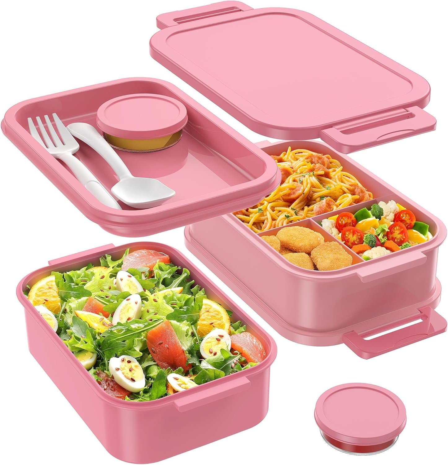 Jelife Bento Lunch Box for Adults – 3 Layers Leak-Proof Stackable Bento Box for Adults, 72oz Large-Style All-in-One Adult Lunchbox Bento Box with Utensil Accessories for Dining Out,Work, Pink