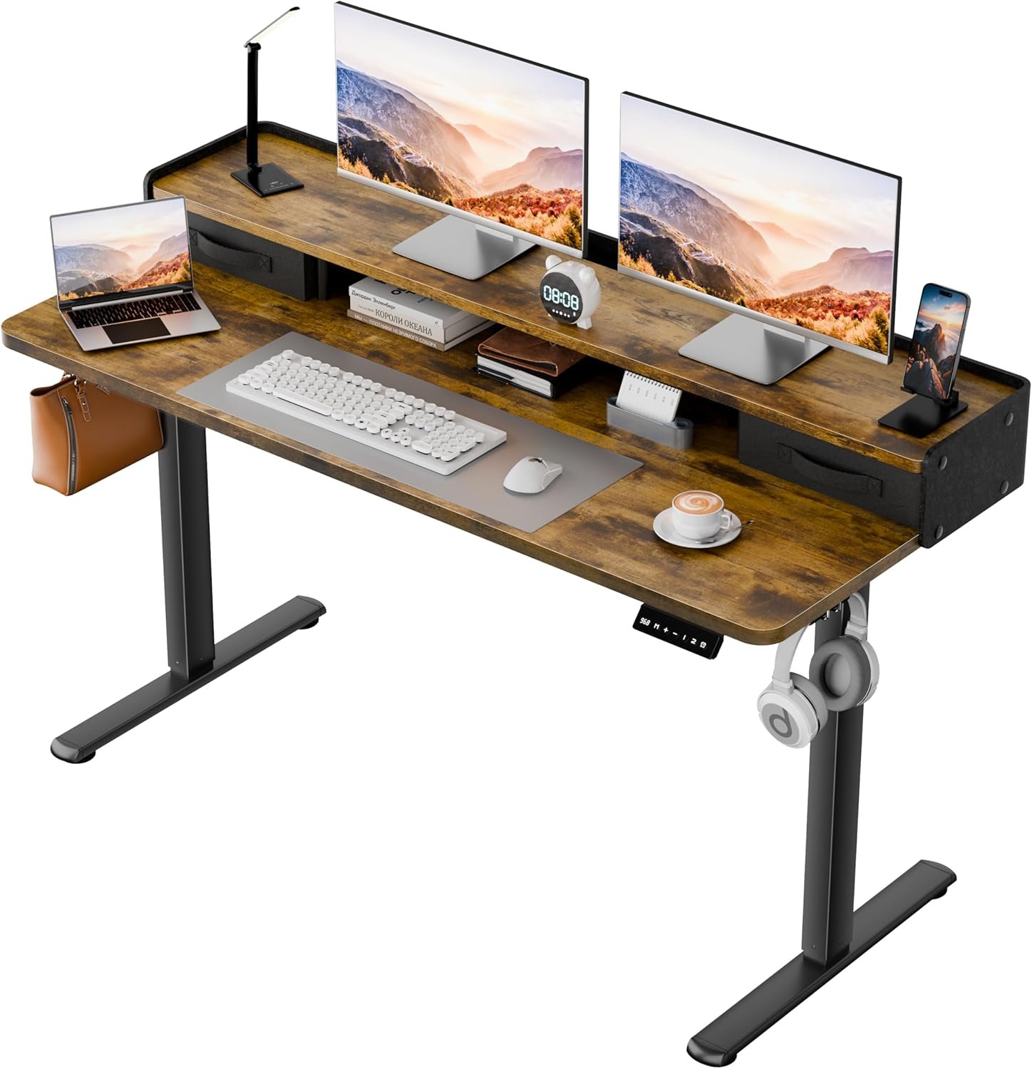 Homall Electric Standing Desk with 2 Drawers, Adjustable Height Computer Desk with Monitor Shelf Sit Stand Table with Splice Board Quick Install for Home Office (Rustic Brown, 48 Inch)
