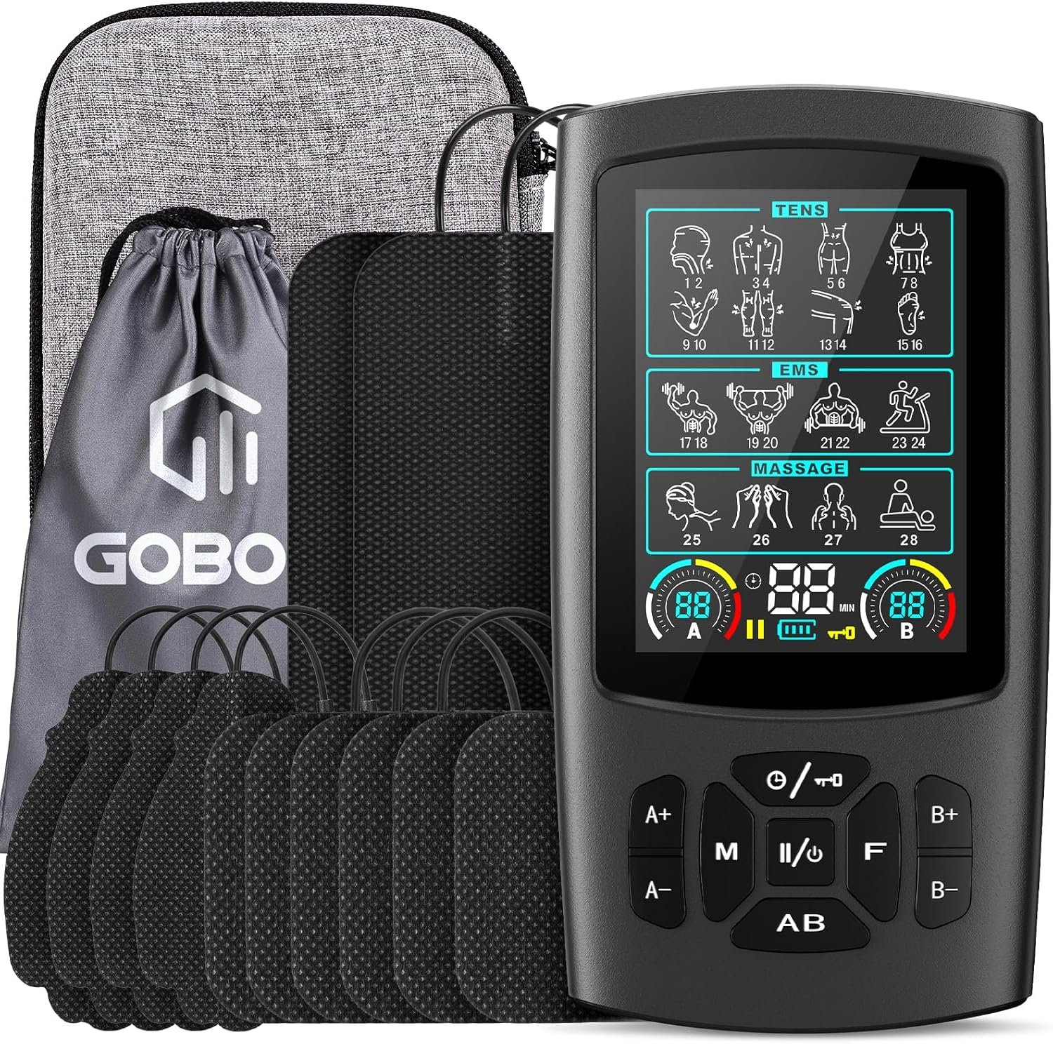 TENS Unit Muscle Stimulator, Rechargeable Dual Channel TENS EMS Machine, 28 Modes, 40 Intensity Levels, 3.8-in Color Display, 12 Electrode Pads & EVA Case, Back Neck Shoulder Leg Pain Relief