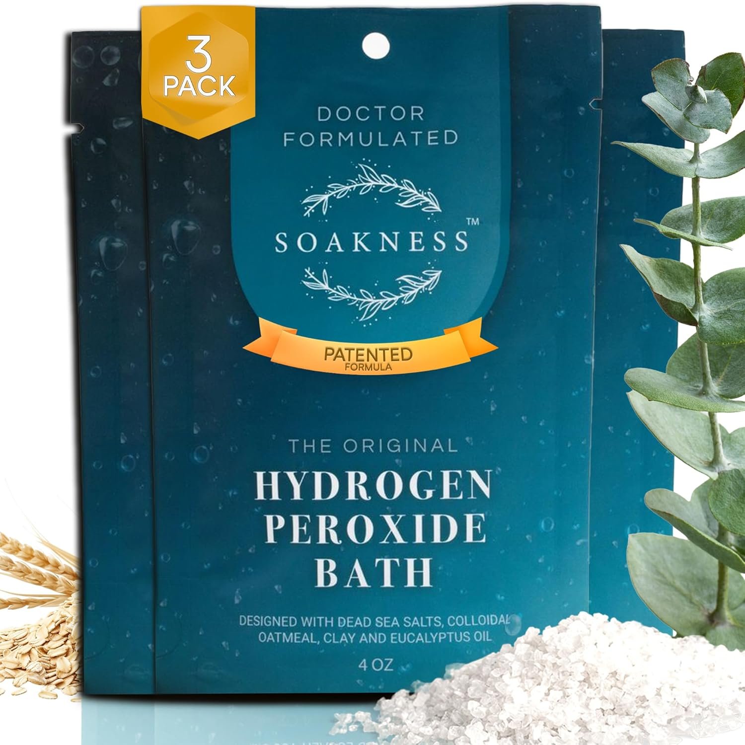 Soakness Hydrogen Peroxide Epsom Salt Bath Soak – USA-Made – Patented Bath Salts, Muscle Recovery, & Skin Detoxification – Magnesium Salts for Bathing – Doctor Formulated Pure Epsom Salt (3-Pack)