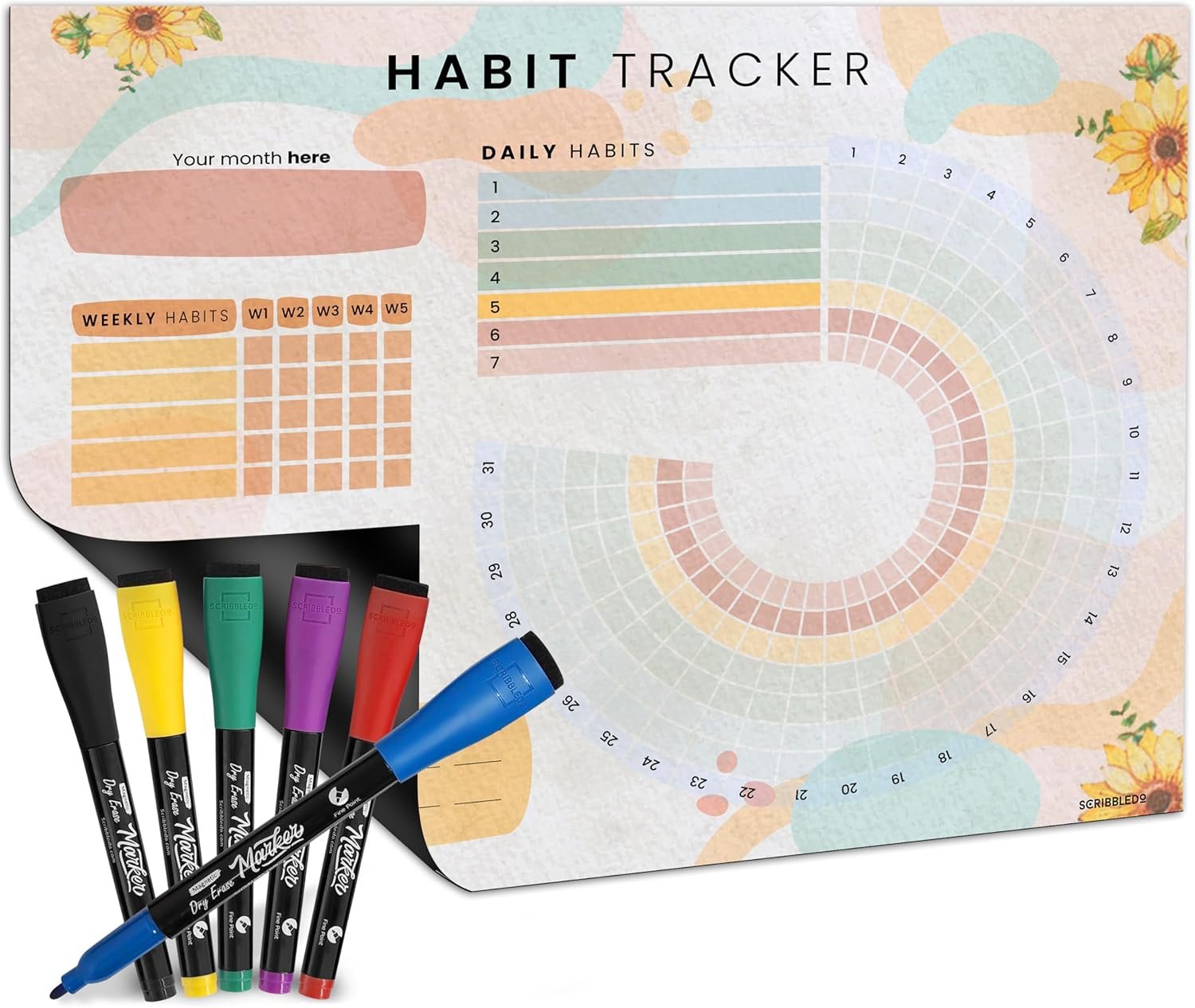 Habit Tracker Journal Workout Motivation Fridge Calendar Dry Erase 13” X 17” Magnet Health Fitness Goal Tracker Goals Board – With Shopping Grocery List – 6 Markers Included