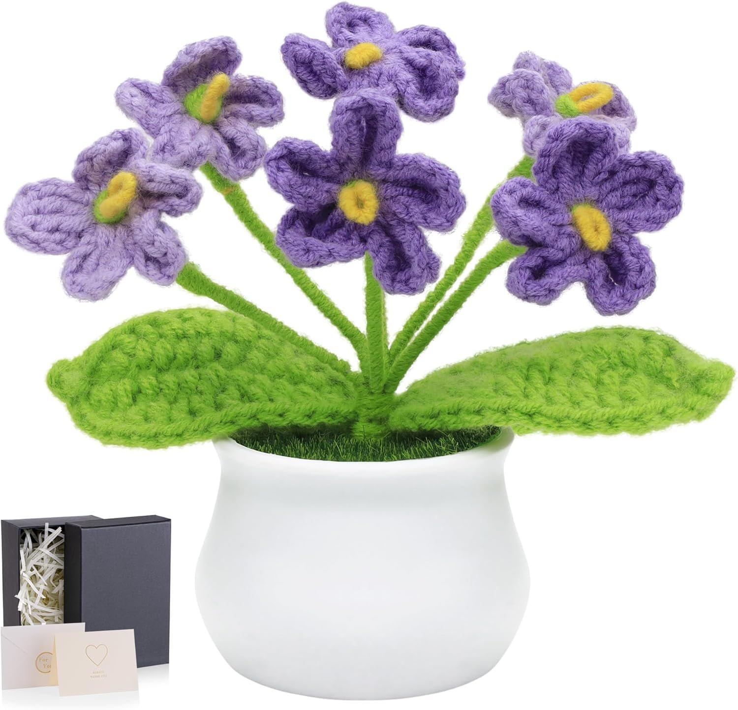 LAIDANLA Crochet Flowers Forget Me Not, Mini Gradient Purple Crochet Flower Potted Plant for Desk, Handmade Anniversary Birthday Graduation Gifts for Women Teacher Mom Friend