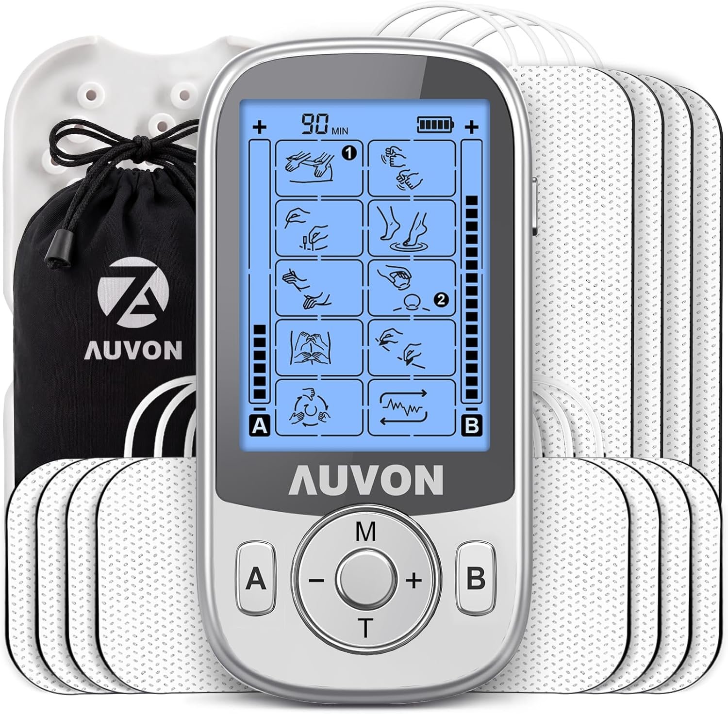 AUVON Rechargeable 24-Mode TENS Unit with Independent Dual Channels for Back Pain Relief, EMS Muscle Stimulator with 40 Intensities for Gradual Neck, Sciatica Relief, TENS Machine with 12 TENS Pads