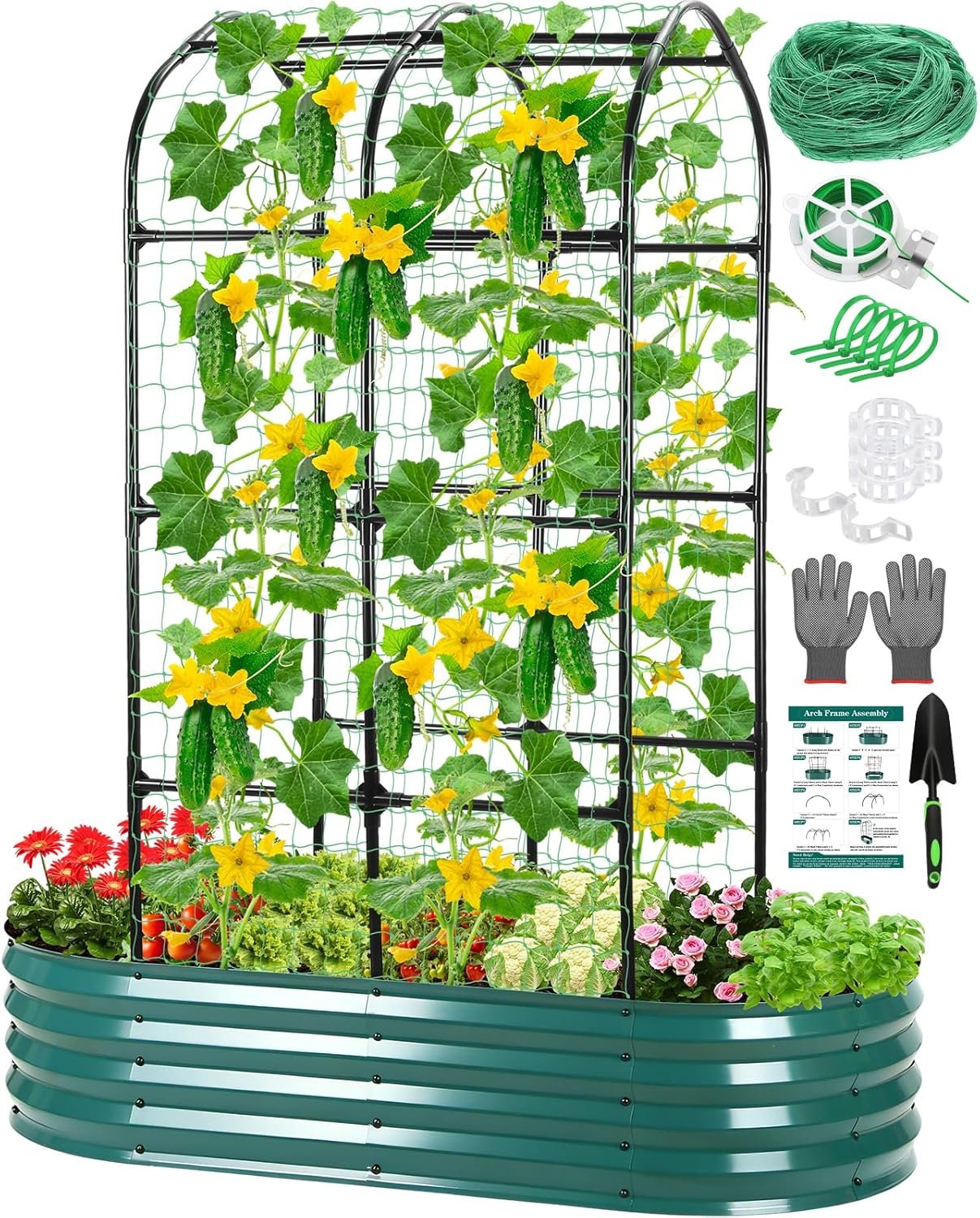 Raised Garden Bed with Arched Trellis, Galvanized Raised Garden Bed with Netting Plant Ties Gloves Trowel, Metal Planter Box Outdoor Drainage Design for Gardening Climbing Plant Vegetable Flower Fruit