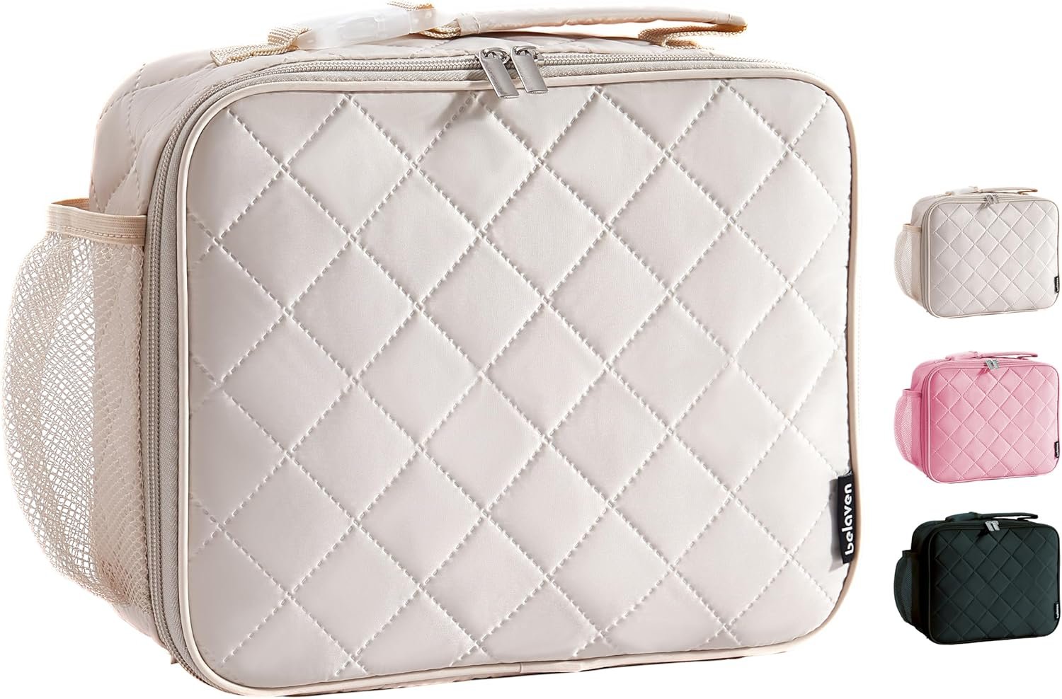 Insulated Lunch Bag – Quilted Lunch Box for Women with Sturdy Handle, Spacious Capacity Lunch Tote with Aluminum Foil Lining 6 Hour Insulation, Easy to Clean Lunch Box, Beige