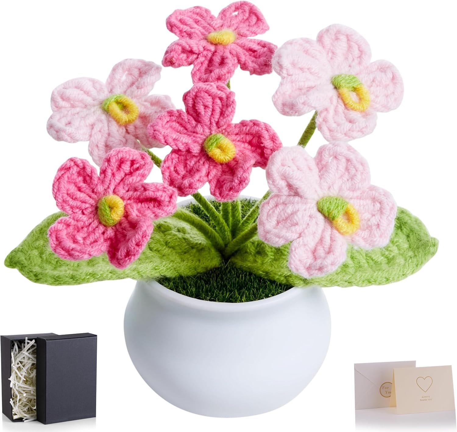 Crochet Flowers Handmade Knitted Potted Flower, Crochet Gifts for Coworkers Teacher Appreciation Cute Home Dorm Room Office Plants Accessories Pink Flower Desk Decor for Women Daughter