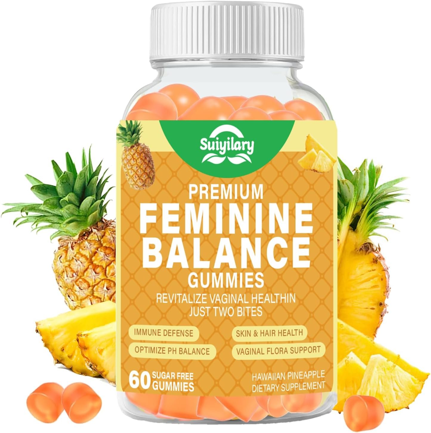 Suiyilary Feminine Probiotics Gummies, Vaginal Health & Women’s pH Balance Gummy Supplement with Cranberry Pineapple Powder, Sugar Free Vegan, 60 Count (Pineapple)