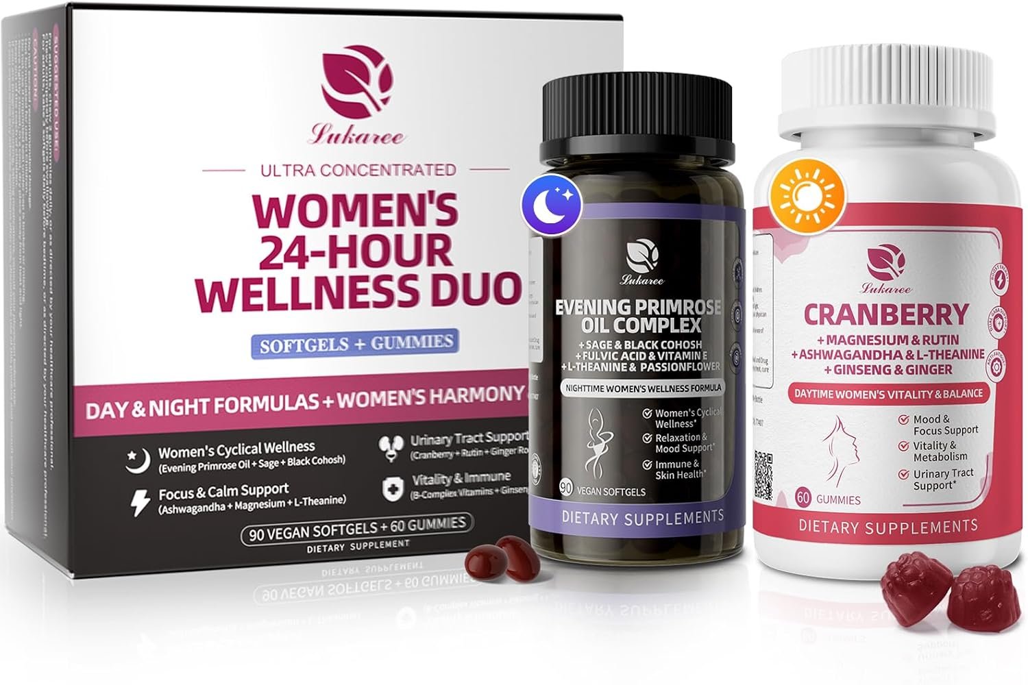 Lukaree Evening Primrose Oil for Women + Cranberry Supplement, for Hormone | Wellness Duo – Mood & Relaxation Supports Urinary Health, Skin & Immune, Gluten-Free, Vegan, 30 Day Supply