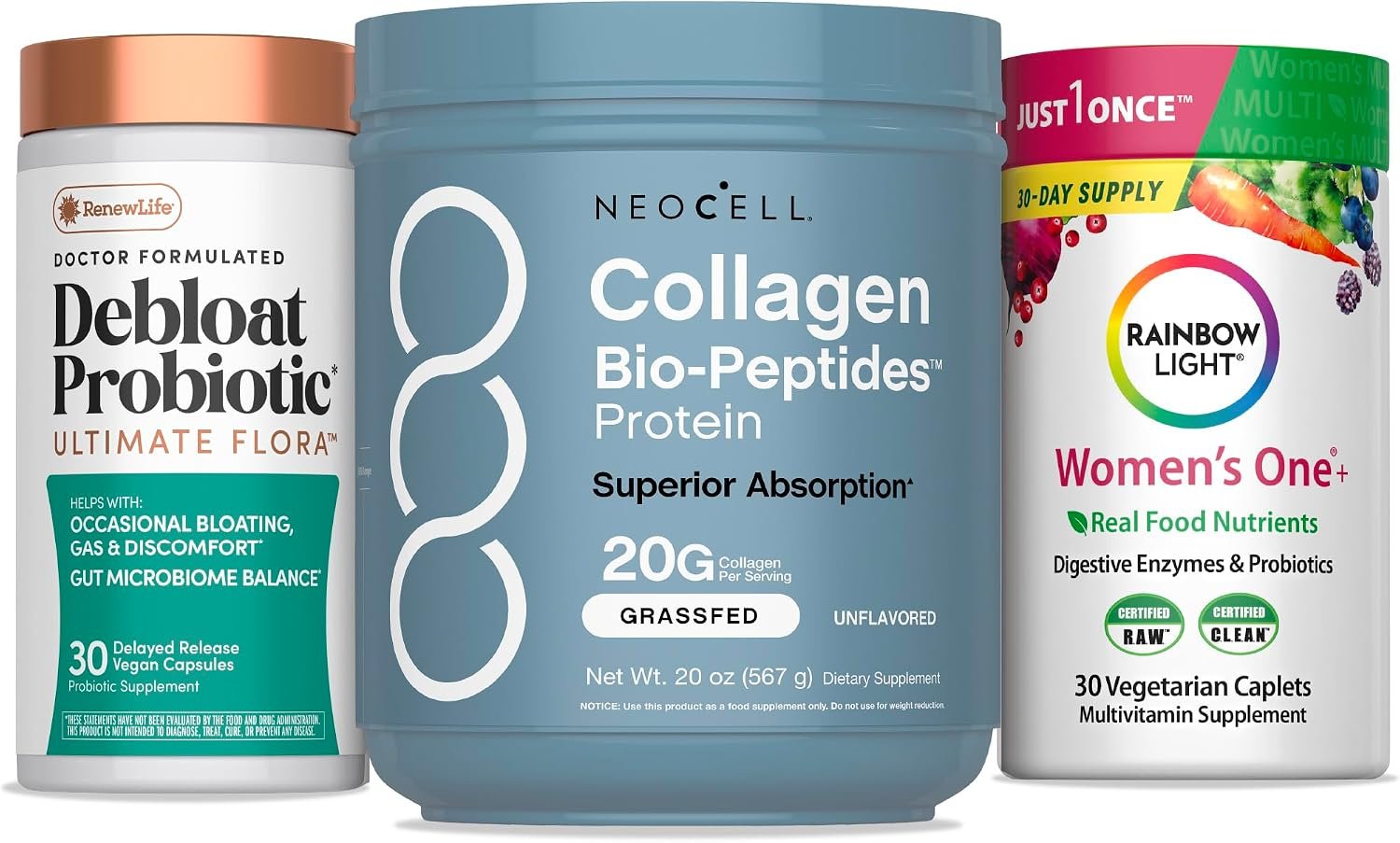 NeoCell Women’s Debloat Beauty & Balance Bundle | 3-in-1 Bundle Pack | NeoCell Collagen Bio-Peptides Protein | Debloat Probiotic | Women’s One + Multivitamin
