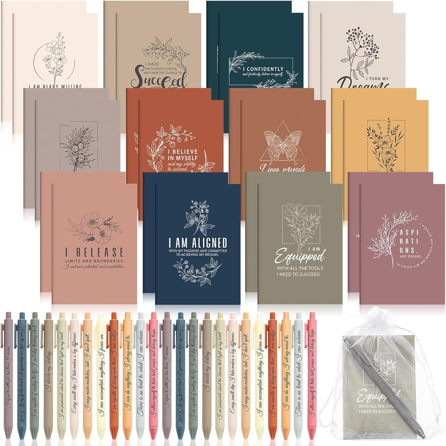 Mooliwe 96 Pcs Positive Affirmation Gift Set Gratitude Notebooks with Pens Small Bags Motivational Encouragement Notepads Daily Affirmations Journal for Women Stress Relief Self Care (Simple)