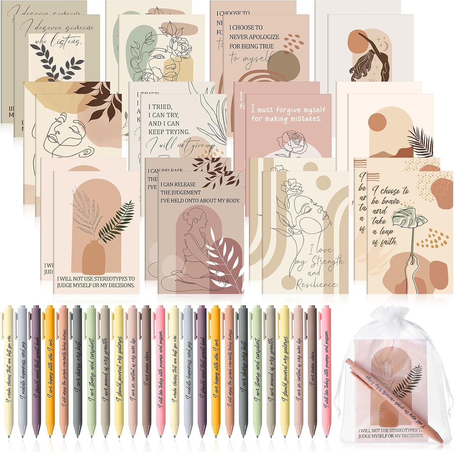 Mooliwe 48 Pcs Positive Affirmation Gift Set Gratitude Notebooks with Pens Small Bags Motivational Encouragement Notepads Daily Affirmations Journal for Women Stress Relief Self Care (Boho)