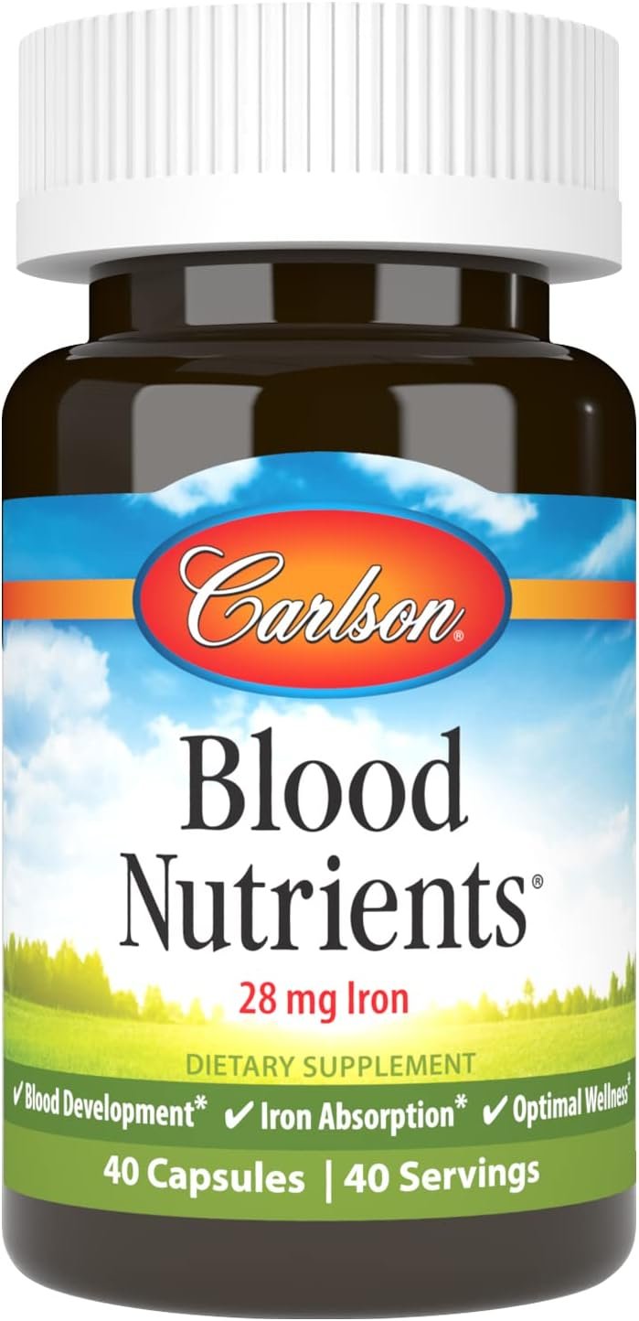 Carlson Blood Nutrients, 28 mg, Iron, Blood Development, 40 Capsules | Iron Absorption; Optimal Wellness