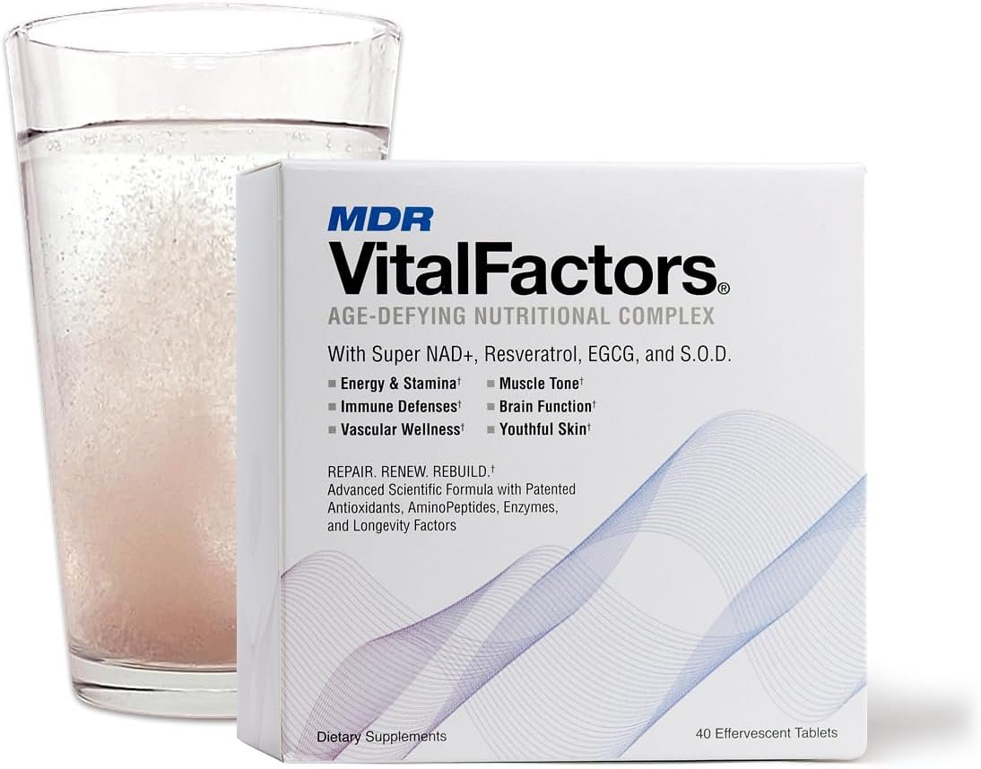 MDR VitalFactors NAD+ Anti-Aging Drink Mix – Doctor Formulated Effervescent Tablets with Resveratrol, SOD, B12 & D3 – Supports Energy, Cellular Health & Vitality – 40 Tablets, Trusted Since 1984
