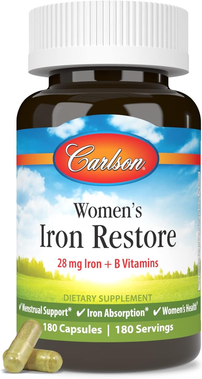 Carlson Women’s Iron Restore, 28 mg, Iron + B Vitamins, 180 Capsules