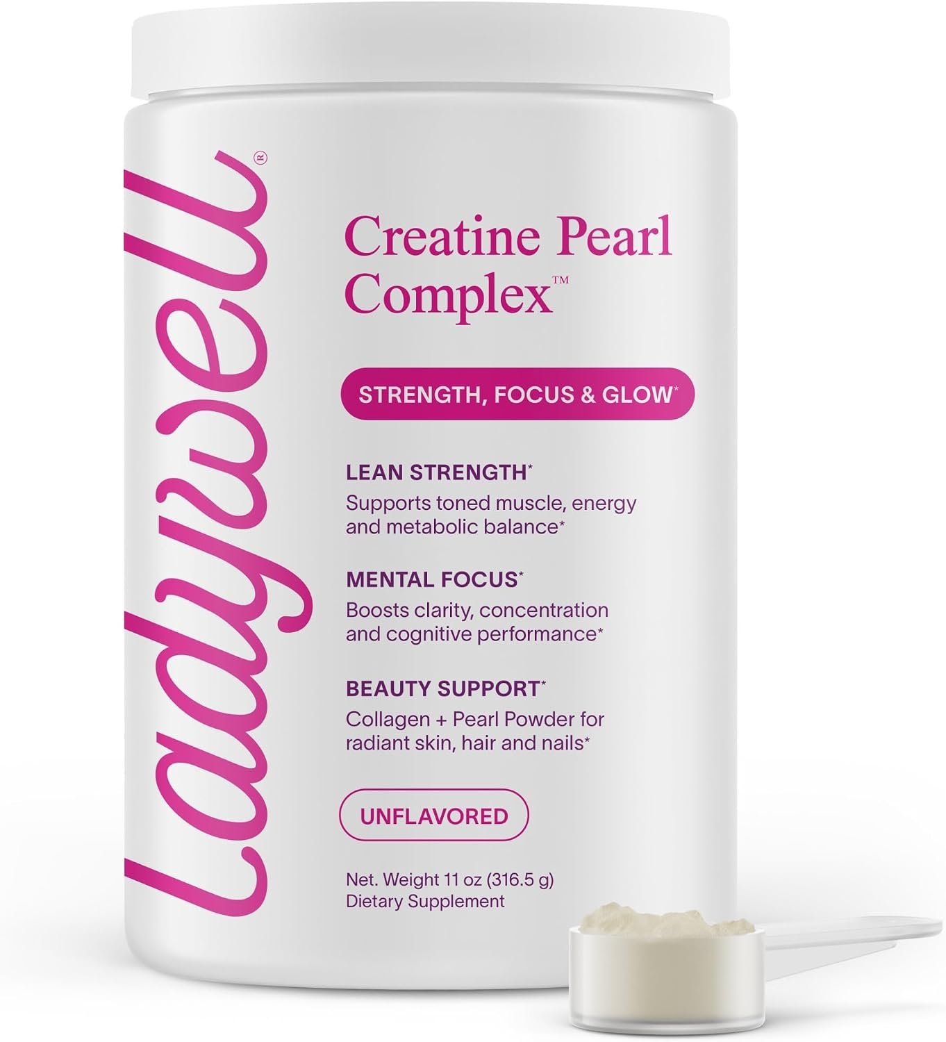 Ladywell Creatine Pearl Complex | 3-in-1 Formula for Women | Creatine Monohydrate, Collagen & Pearl Powder | Supports Energy, Skin Health, Mental Clarity, Metabolism & Lean Muscle | 30 Servings