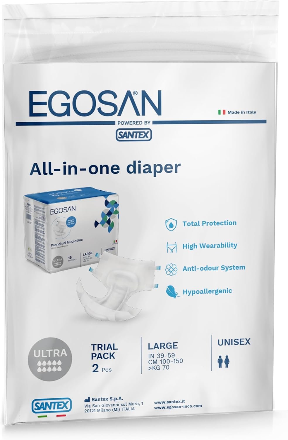 EGOSAN Ultra Incontinence Adult Diaper Brief Maximum Absorbency and Adjustable Tabs for Men and Women (Large (2 Count Sample))