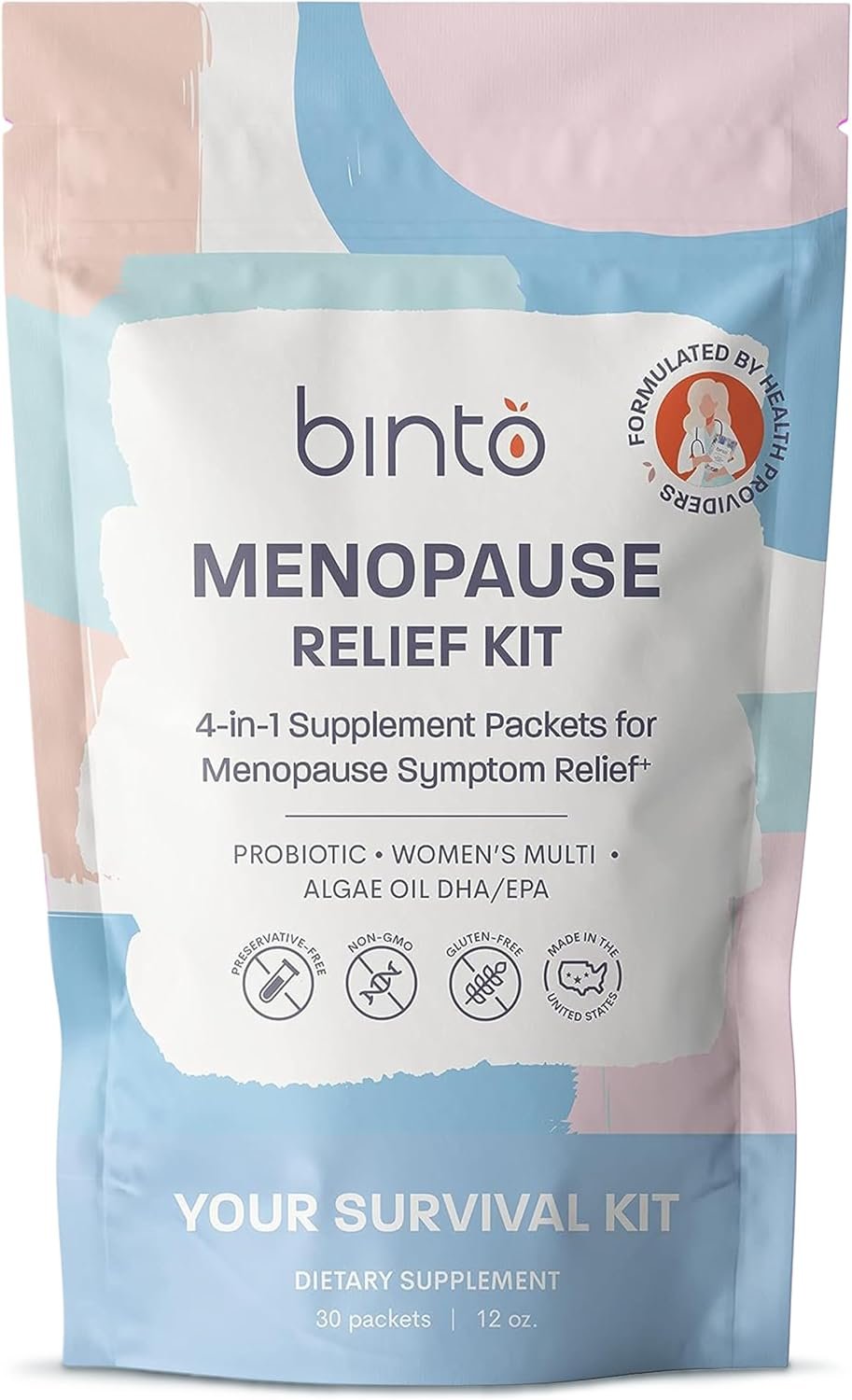 Binto Complete 4-in-1 Multi-Symptom Menopause Relief Kit Supplements – 1 Month Supply – Multivitamins with Omega-3, Ashwagandha and Probiotics/Prebiotic Fiber Blend – Non-GMO