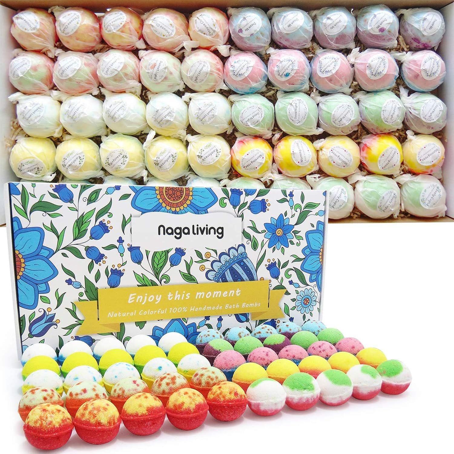 Bath Bombs Gift Set, 50 Handmade Bulk Bath Bombs for Kids, Women, Men | Wonderful Fizz Effect Bath Gift for Valentine’s Day, Christmas & Any Anniversaries